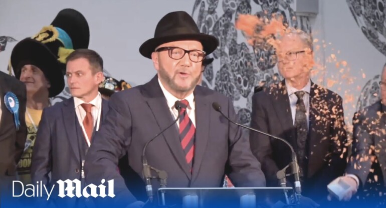 George Galloway heckled by climate protestor during Rochdale by-election winning speech