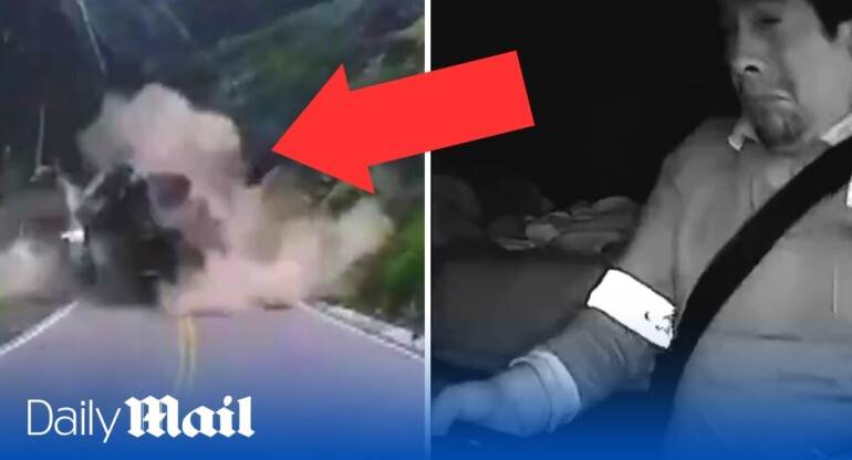 Huge rockslide destroys truck and misses car by inches in Peru - but miraculously nobody is hurt